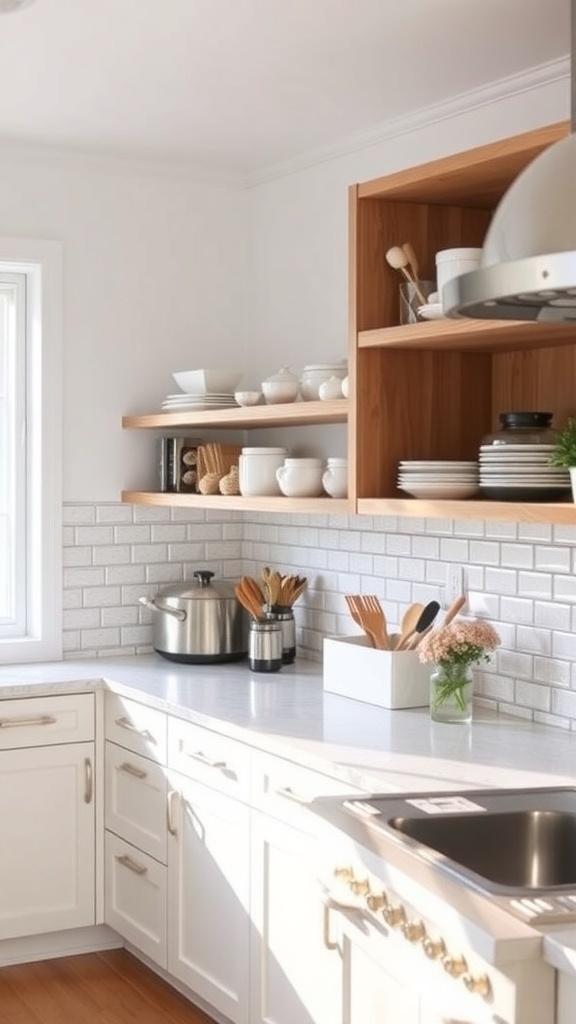 A bright and tidy kitchen with open shelving and organized utensils.