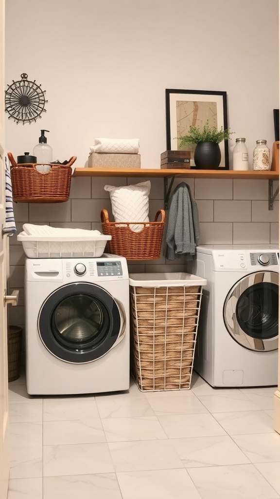 A modern laundry room with functional baskets and appliances.