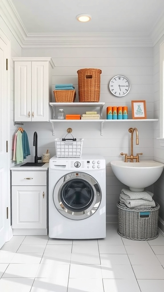 A bright and organized laundry room featuring a washing machine, sink, and shelves with neatly arranged items.
