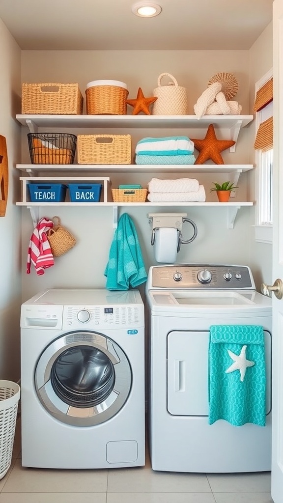 A bright and organized laundry room with beach-themed decor, featuring a washing machine, dryer, and colorful storage.