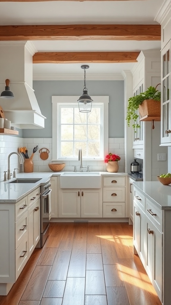 A cozy farmhouse kitchen with a large sink, wooden beams, and bright natural light.