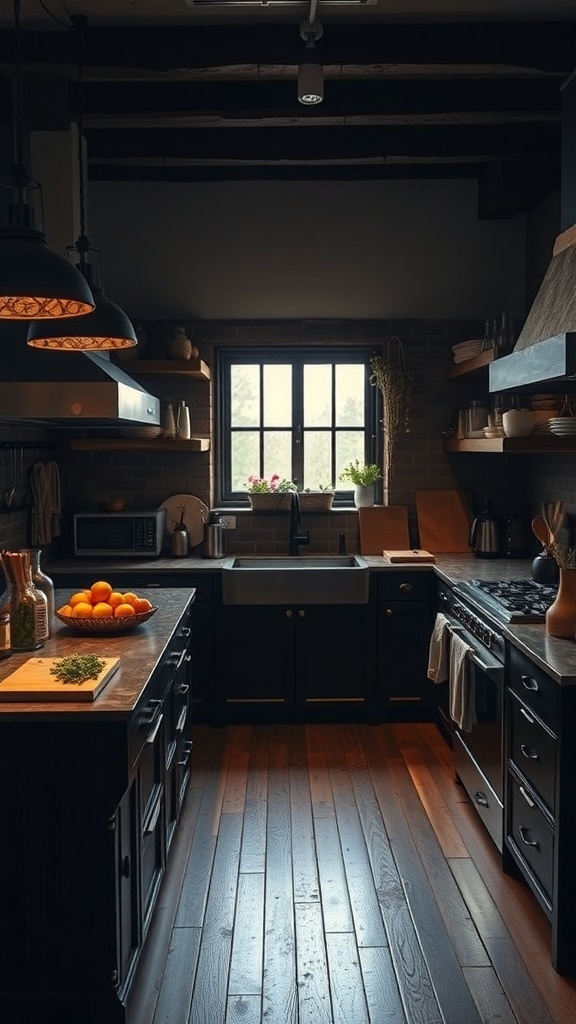A dark rustic kitchen featuring wooden beams, a large sink, and a cozy layout.