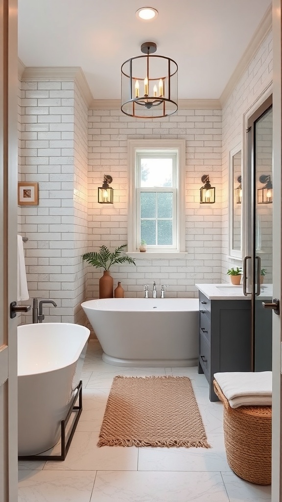 A modern farmhouse master bath featuring a freestanding tub, elegant lighting, and a cozy rug.