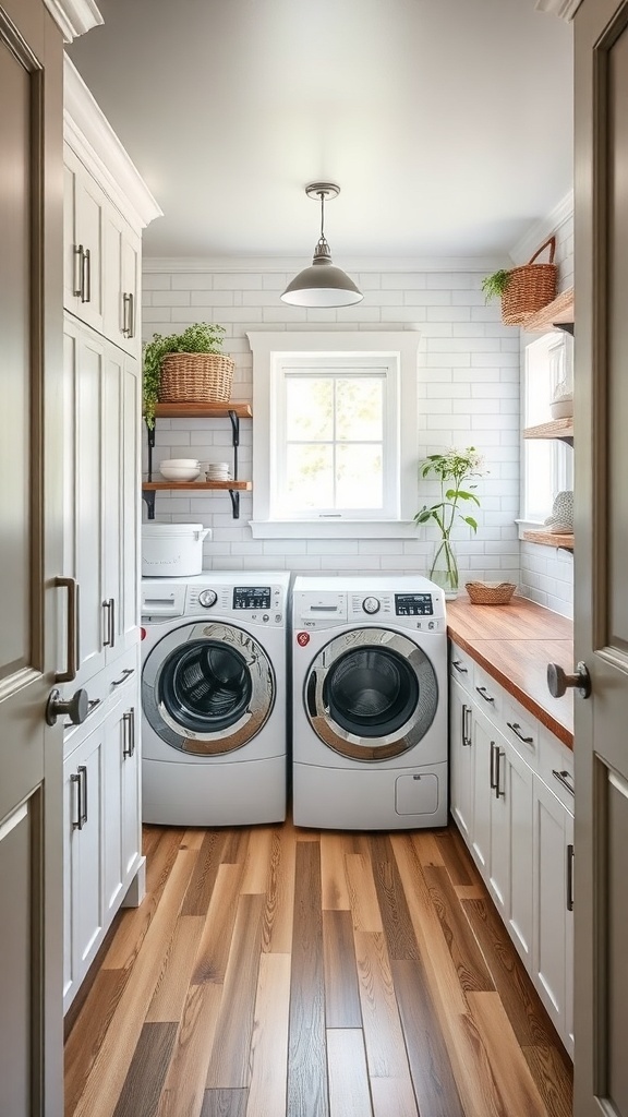 Modern farmhouse laundry room with washer, dryer, and storage.