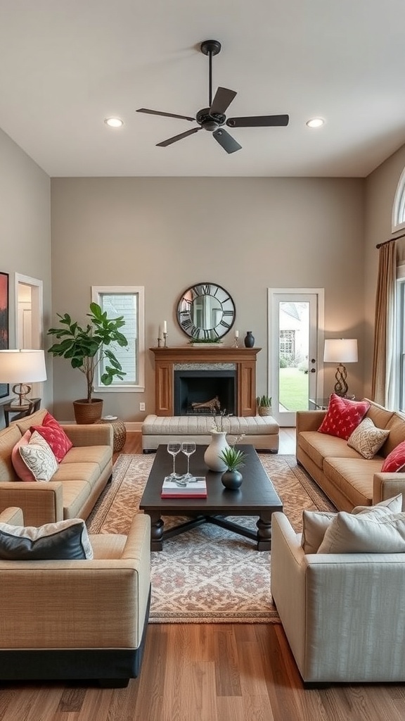 Cozy old farmhouse living room with comfortable seating and warm wood accents.