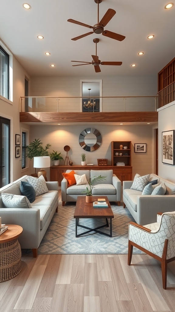 Cozy cottage living room with comfortable seating and a central coffee table.