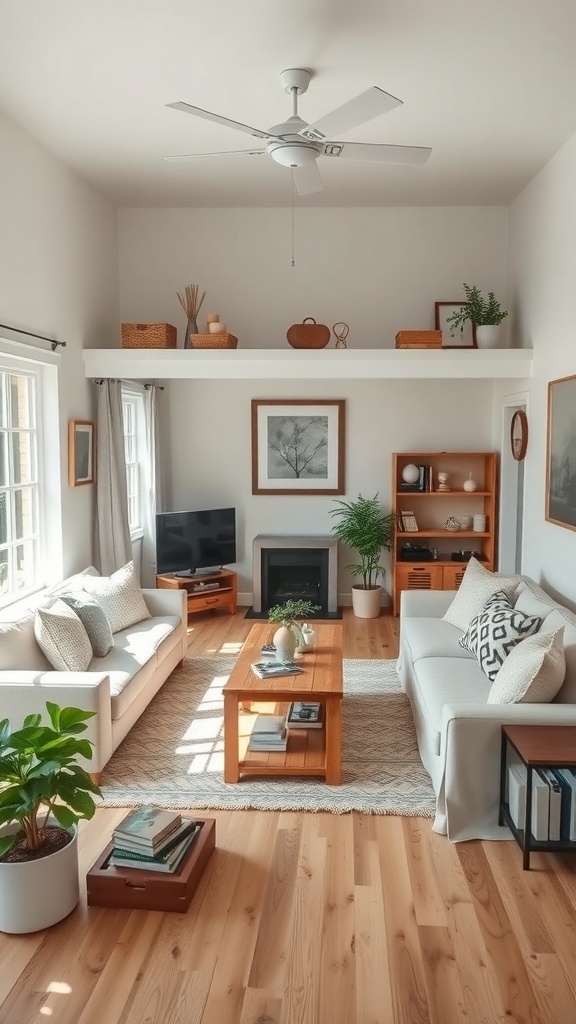 A cozy small cottage living room with light colors, a coffee table, and plants.