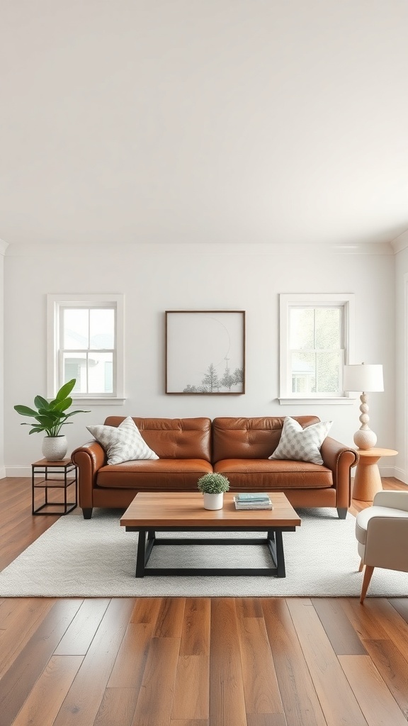 A cozy living room featuring a leather couch, coffee table, and natural light.