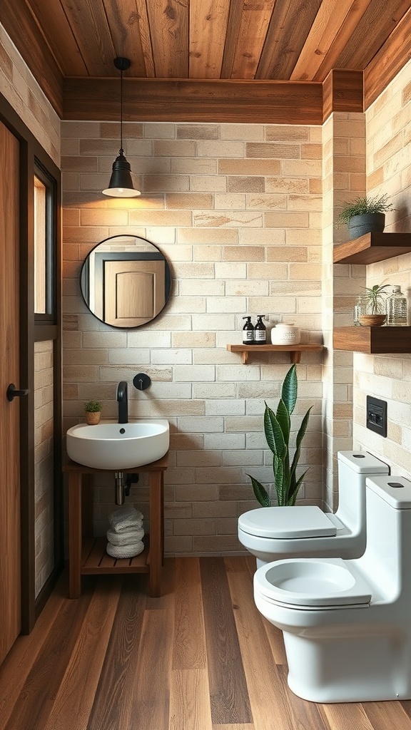 A rustic modern bathroom featuring wooden accents, a round mirror, and a stylish sink.