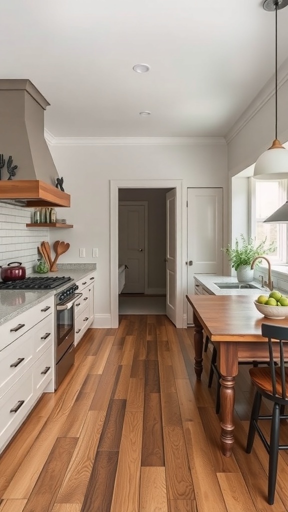 A cozy farmhouse kitchen featuring warm wood floors, a functional layout, and natural light.