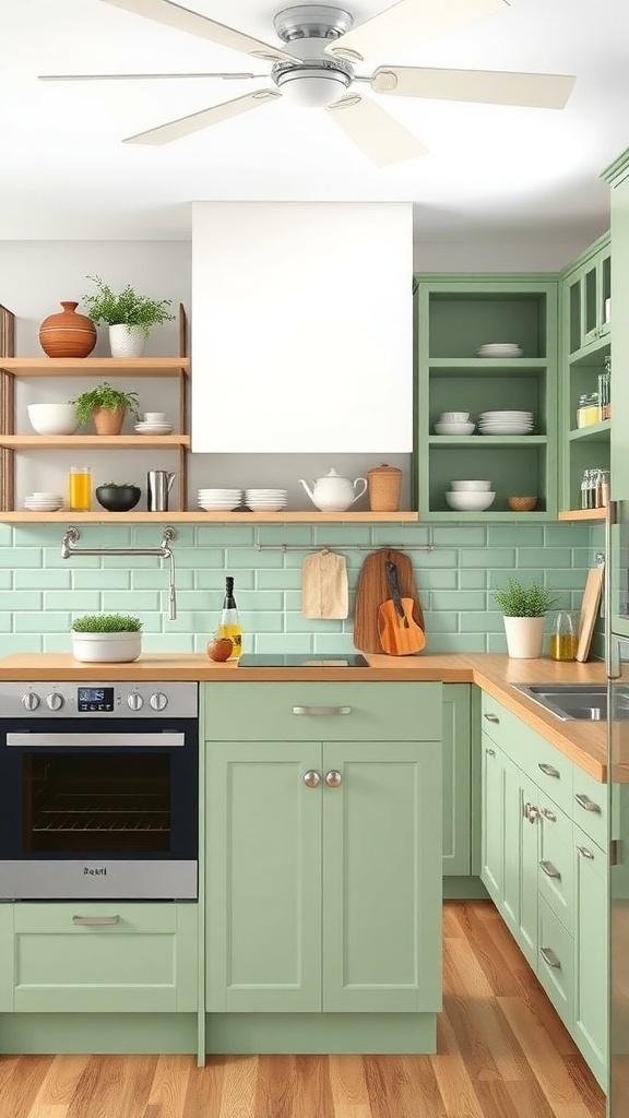 A sage green farmhouse kitchen featuring open shelving, a modern oven, and a functional layout.