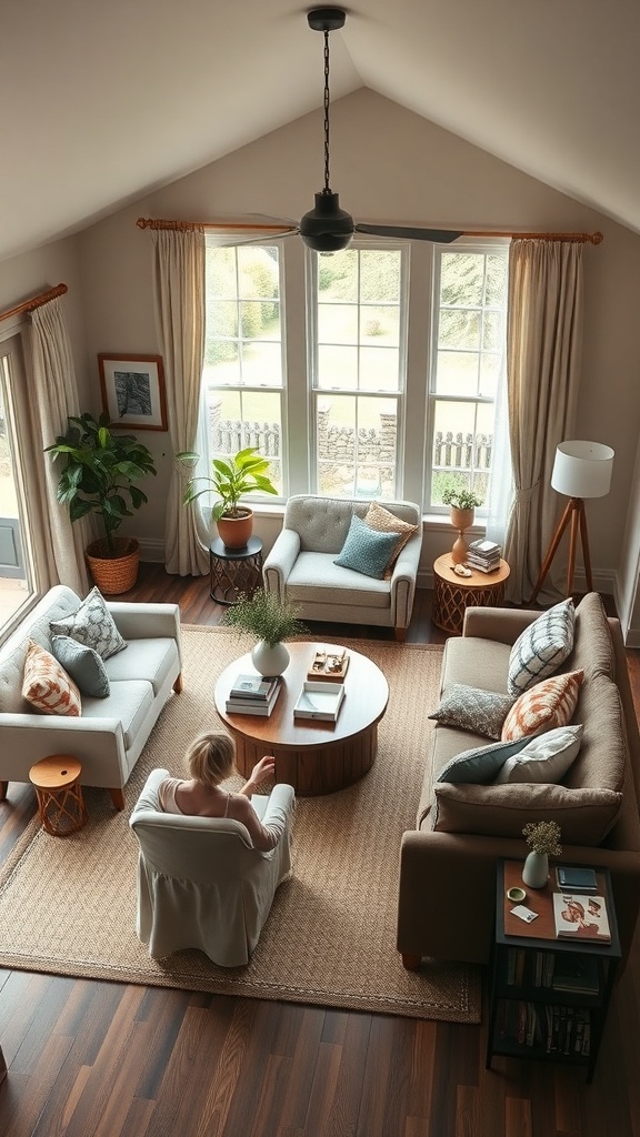 A cozy cottage living room with comfortable seating, plants, and a warm atmosphere.