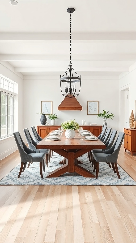 Modern farmhouse dining room with a large wooden table and stylish chairs.