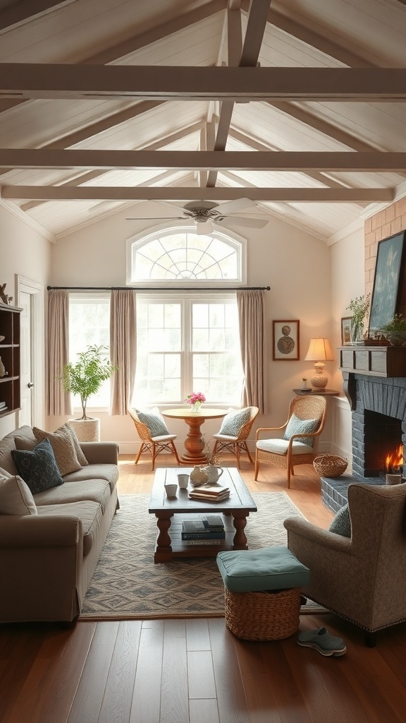 A cosy cottage living room featuring a comfortable sofa, chairs, and a warm fireplace.