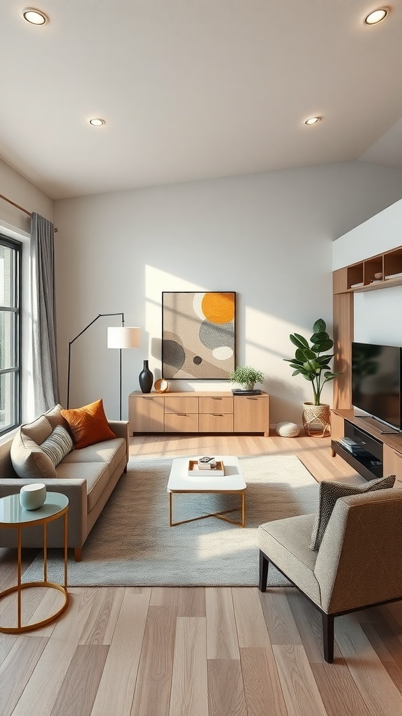 A modern farmhouse living room featuring a cozy sofa, stylish armchair, and a light color scheme.