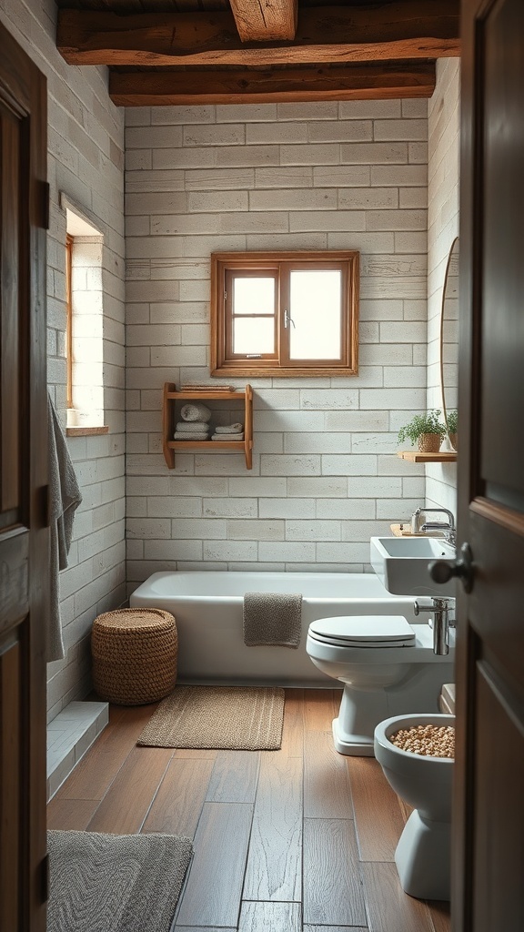 A rustic bathroom featuring wooden beams, light-colored brick walls, and a cozy layout.