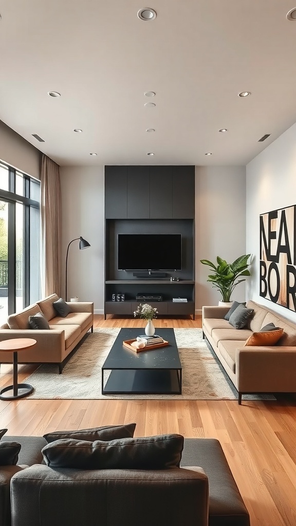 A contemporary living room with defined zones, featuring two sofas, a coffee table, and a plant.