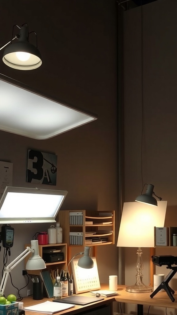 A well-lit craft room featuring various lighting solutions including overhead lights and task lamps.