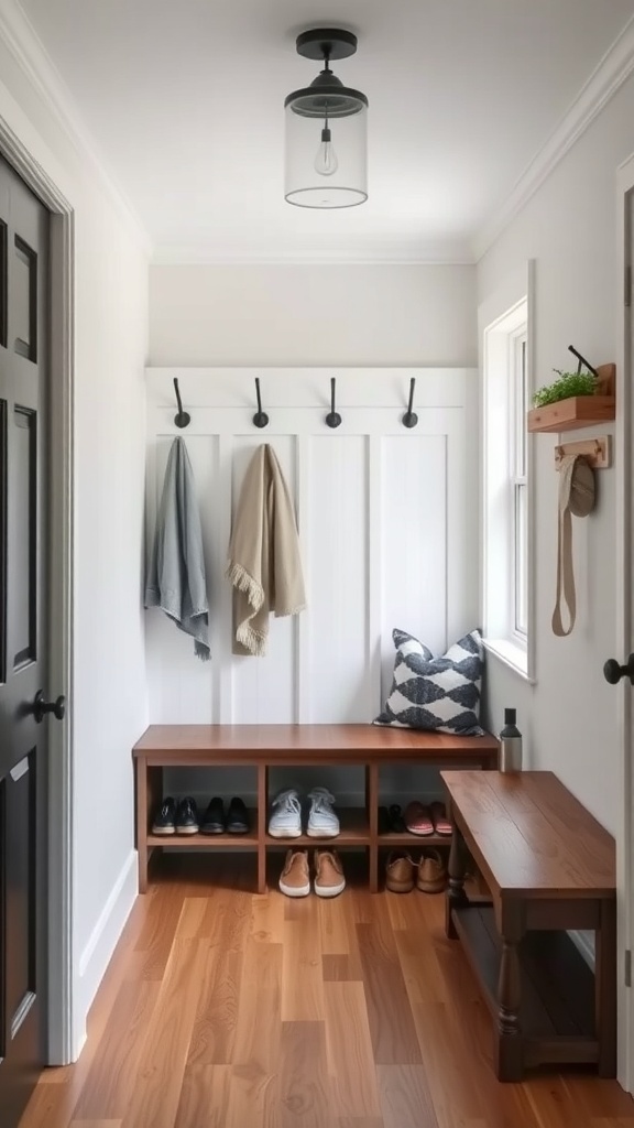 A modern farmhouse entryway with hooks for coats, a bench, and shoe storage.