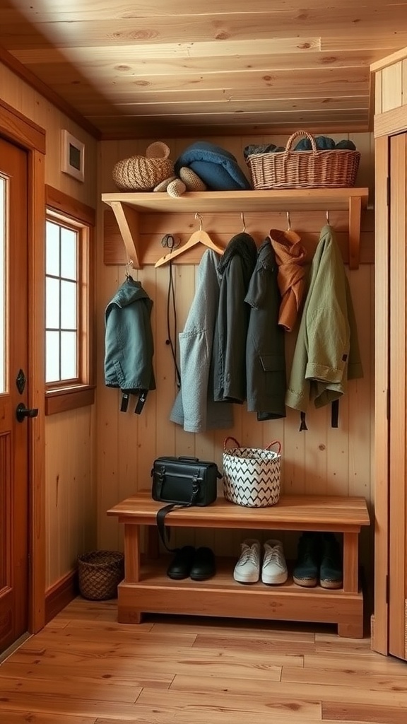 Interior of a winter cabin mudroom with coats hanging and a bench for shoes.