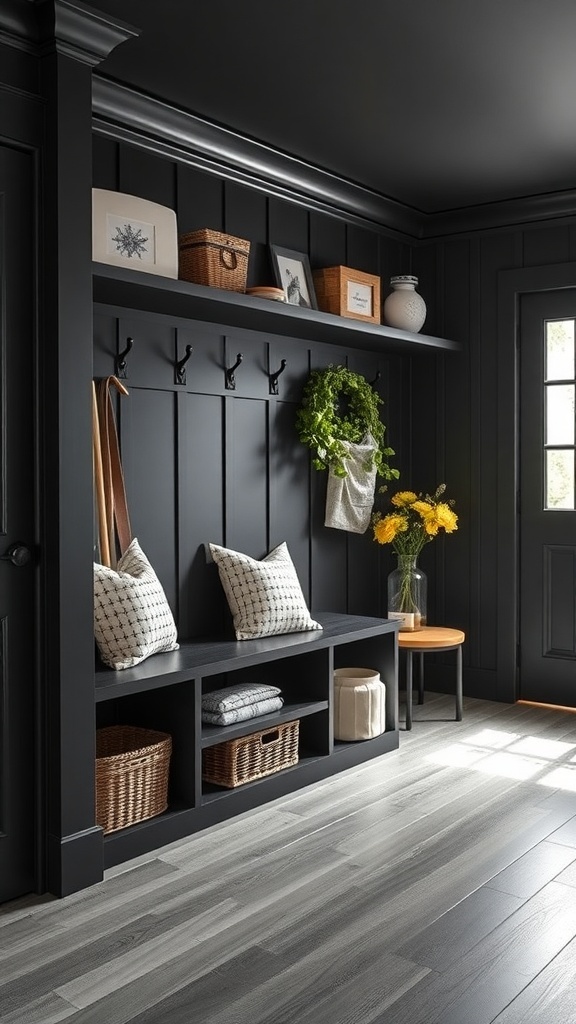 A modern black mudroom with storage benches, hooks, and decorative elements.
