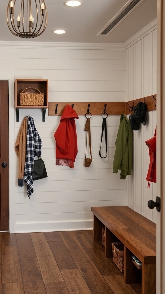 A rustic mudroom with hooks for coats, a wooden bench, and a warm color palette.