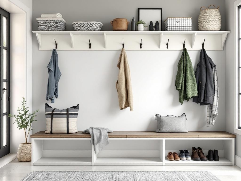 A functional mudroom with a bench, hooks for coats, storage baskets, and a plant.