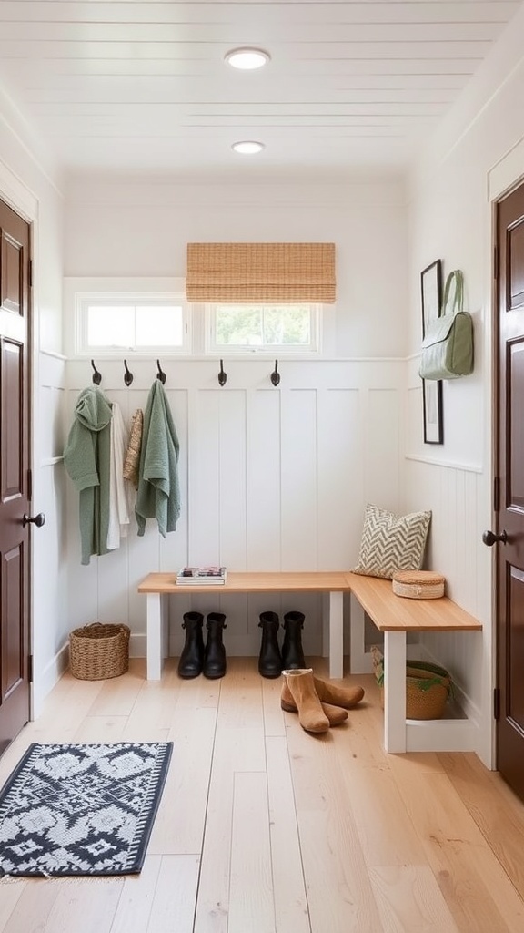A modern farmhouse mudroom with a wooden bench, hooks for coats, and a patterned rug.