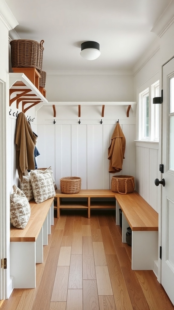 A modern farmhouse mudroom with benches, hooks, and storage baskets.