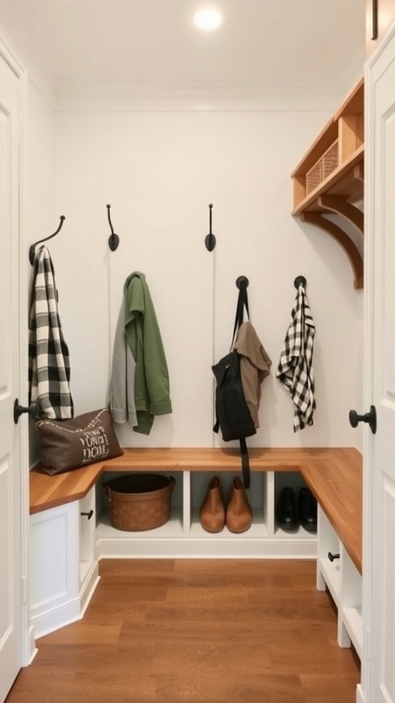 A functional mudroom with hooks for coats, a bench, and storage.