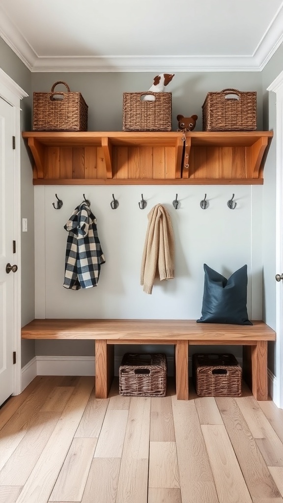 A modern farmhouse mudroom with a wooden bench, hooks for coats, and woven baskets for storage.