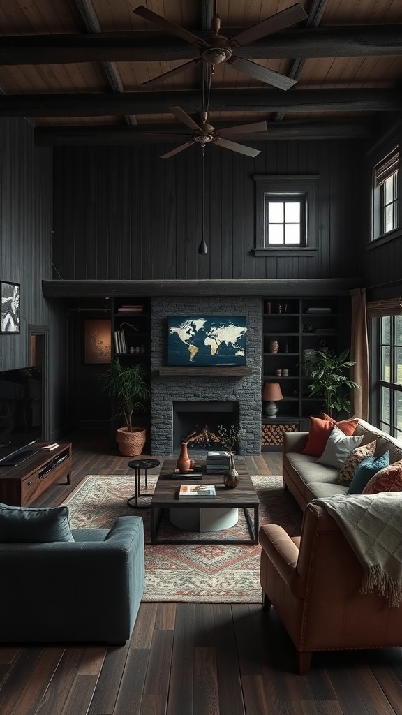 A dark rustic living room featuring a cozy seating arrangement, a fireplace, and warm decor.