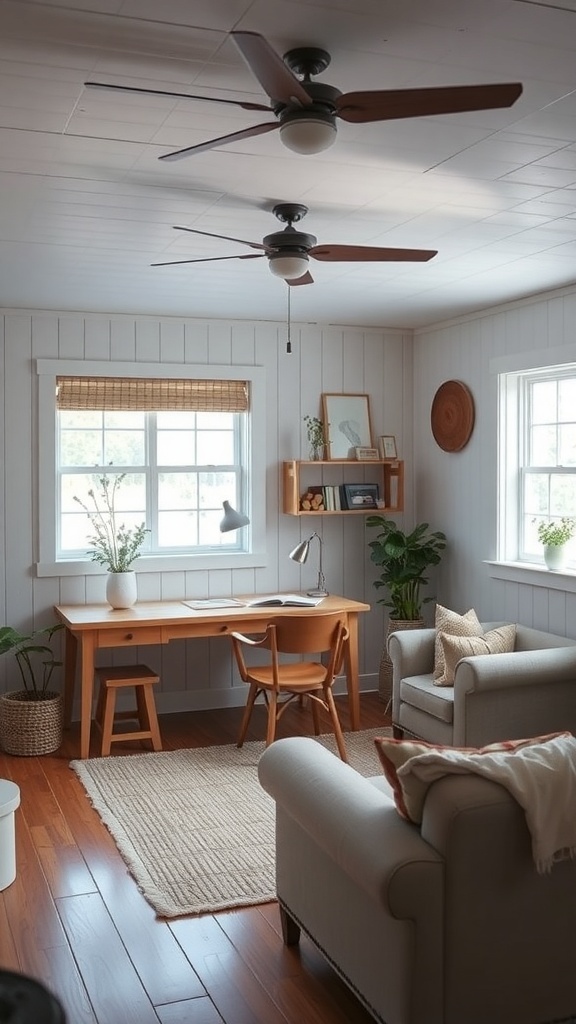 A small farmhouse living room featuring a desk, comfortable seating, and natural light.