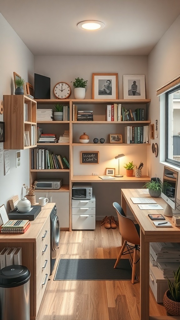 A cozy and organized multi-purpose home office with a desk, shelves, and a laundry area.