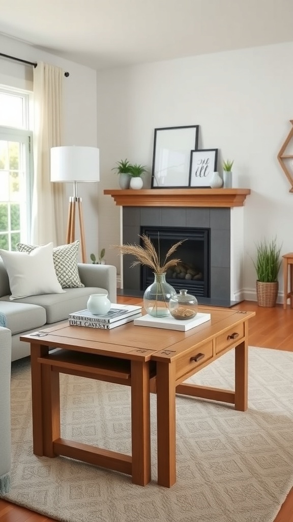 A cozy living room featuring a modern farmhouse coffee table with nesting tables.