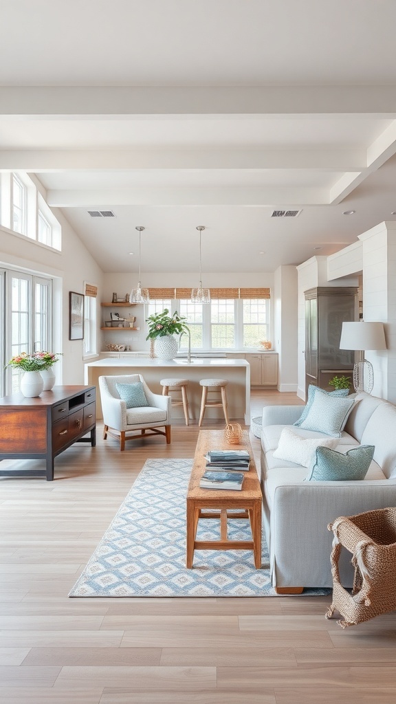 A bright and airy coastal cottage living room featuring an open layout with comfortable seating and natural light.
