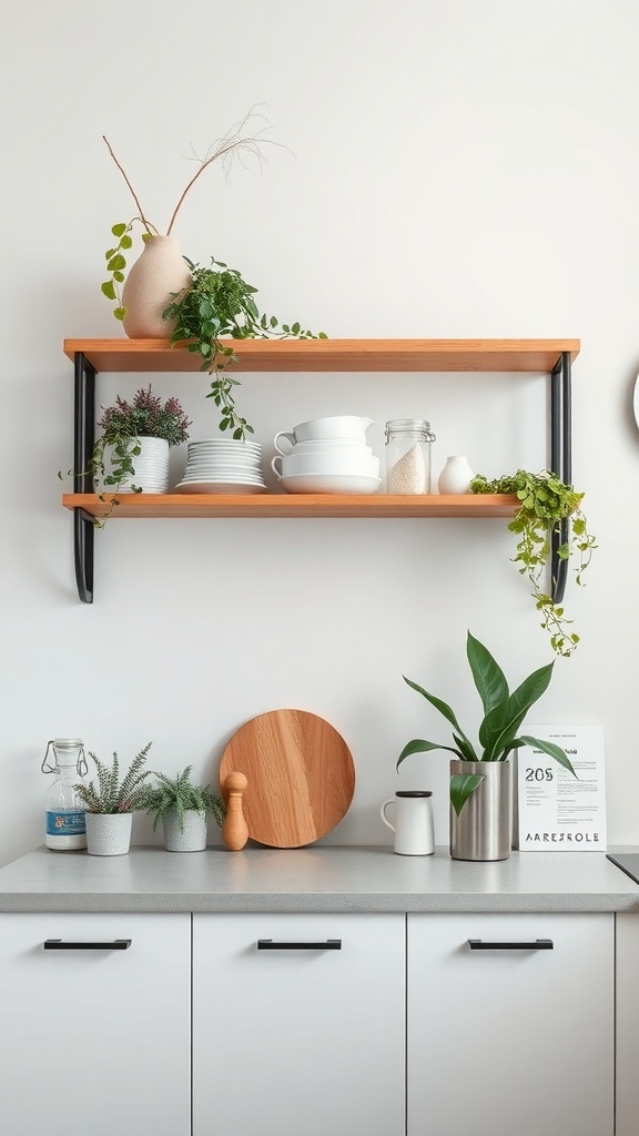 Minimalist kitchen with open shelving displaying plants and dishes.
