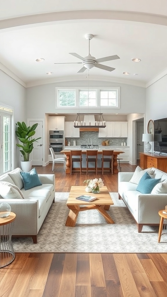 Coastal farmhouse living room with open layout, light colors, and comfortable seating.