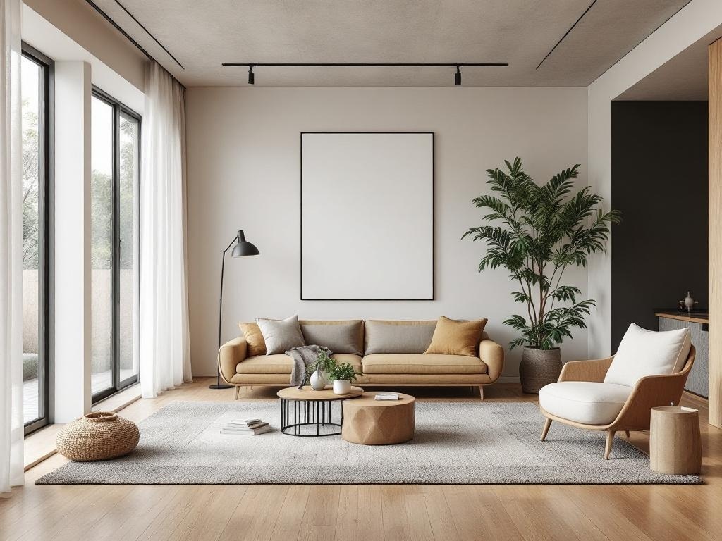 A warm minimalist living room featuring a cozy sofa, armchair, and plants, with large windows allowing natural light.