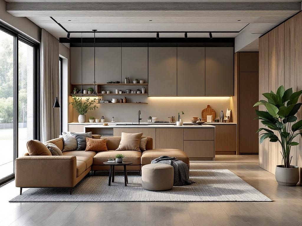 A modern open living space featuring a cozy sectional sofa, a sleek kitchen, and large windows allowing natural light.