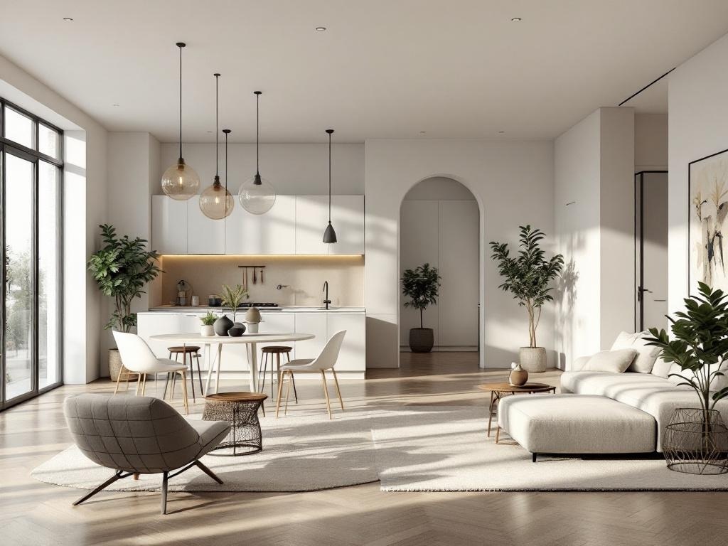A chic apartment interior featuring an open living space with a kitchen, dining area, and plants.