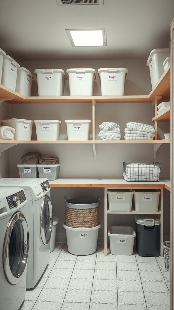 A neatly organized laundry room with labeled bins and shelves.