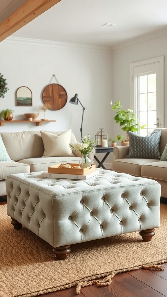 A cozy farmhouse living room featuring a tufted ottoman, beige sofas, and natural decor.