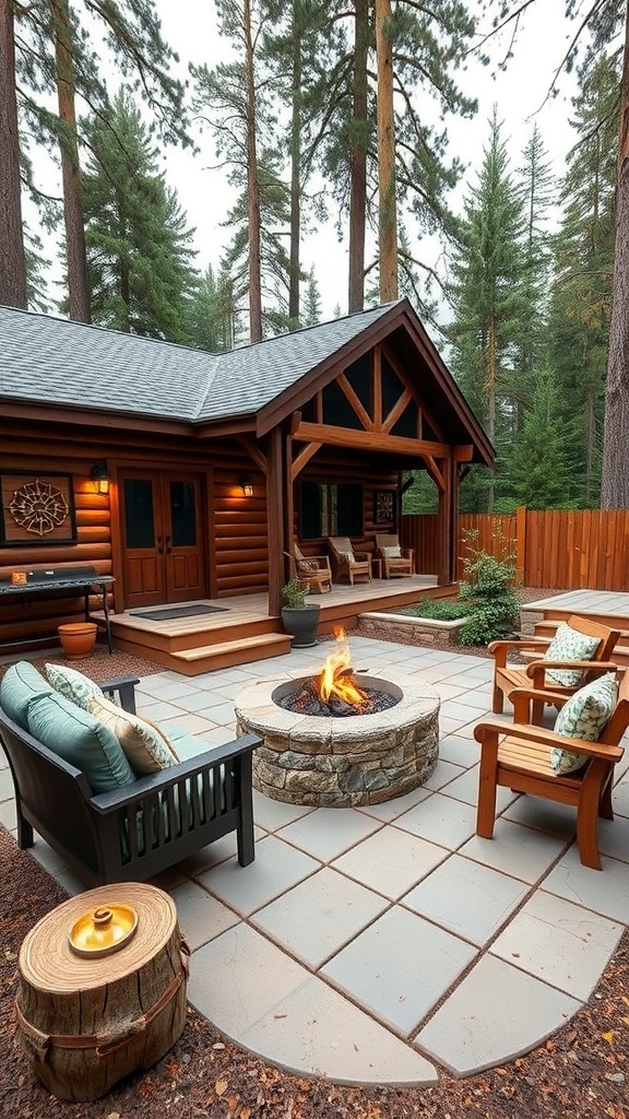 Outdoor seating area with wooden chairs and a fire pit near a log cabin
