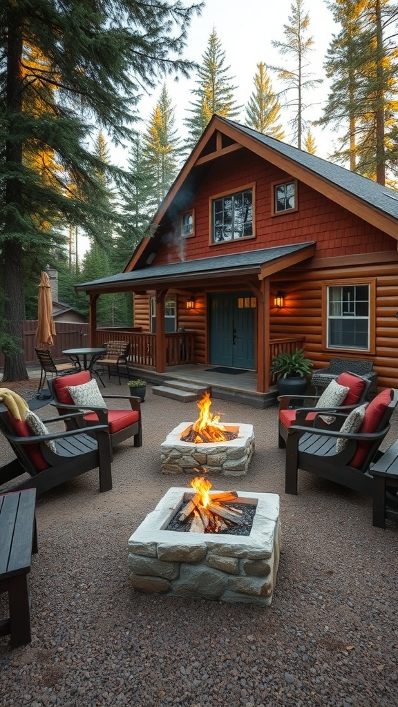 A cozy outdoor space with a fire pit and comfortable seating in front of a cabin.
