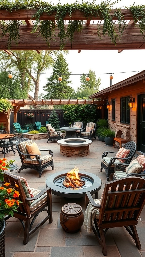 Cozy outdoor space with a fire pit and comfortable seating surrounded by greenery.