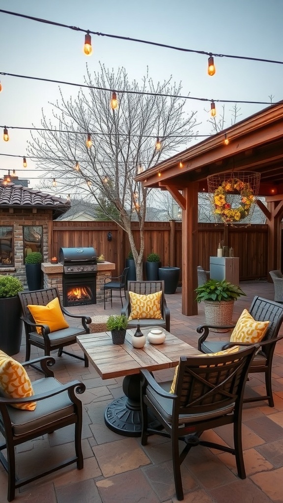 A cozy outdoor seating area with string lights, comfortable chairs, and a small table.