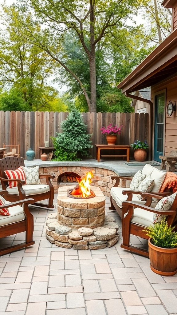 Cozy outdoor seating area with a fire pit and surrounding greenery