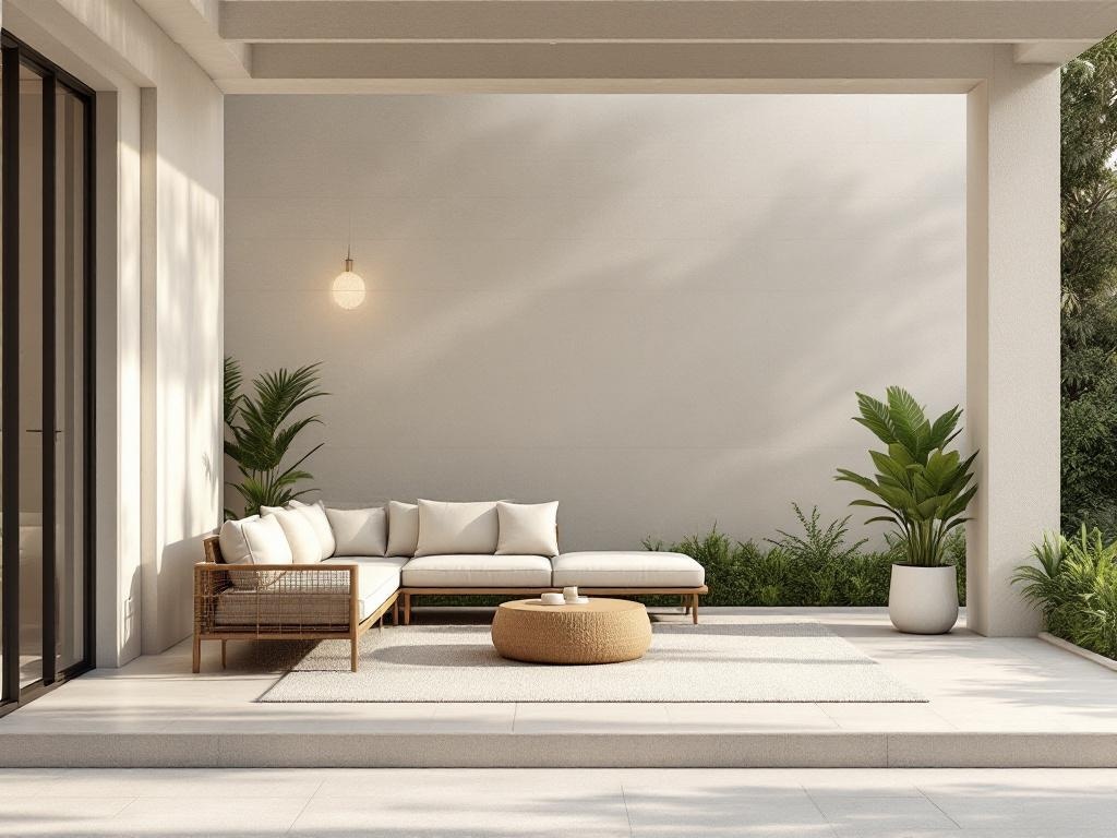 A serene outdoor patio with a sectional sofa, round ottoman, and plants, creating a cozy and inviting space.