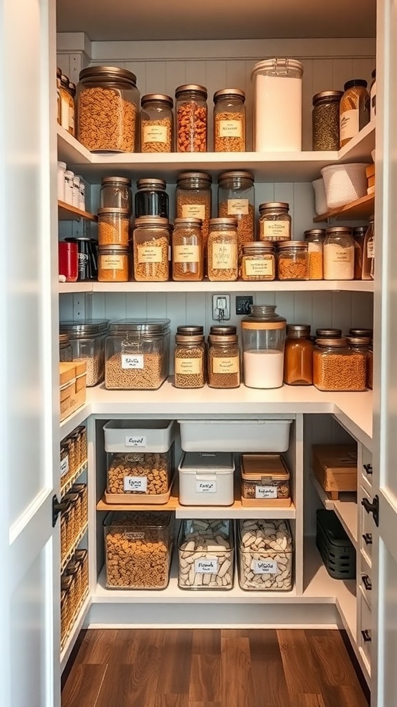 Organized pantry with clear containers and labeled jars.